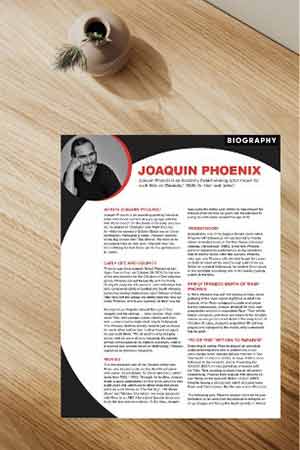 image of fact sheets of Joaquin Phoenix and Leonard Cohen on a table
