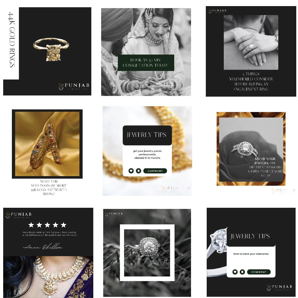Set of social media posts for Punjab Jewellers in a grid format